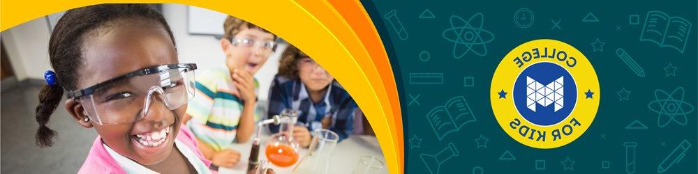 College for Kids logo with smiling girl working on science experiment with classmates